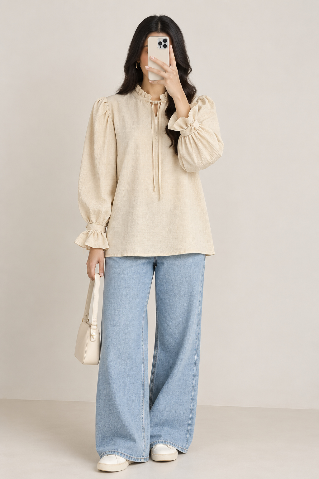 Textured Puff Sleeve Tie-Neck Top (Beige)