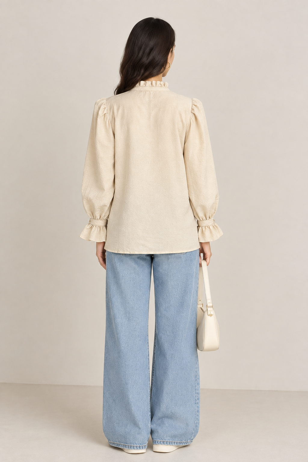 Textured Puff Sleeve Tie-Neck Top (Beige)
