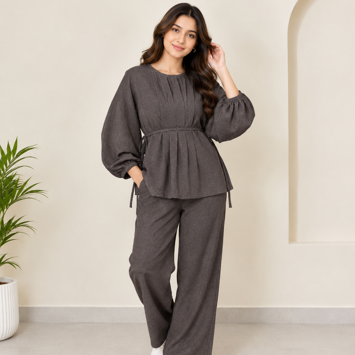 Textured Pleated Co-Ord Set (Dark Brown)