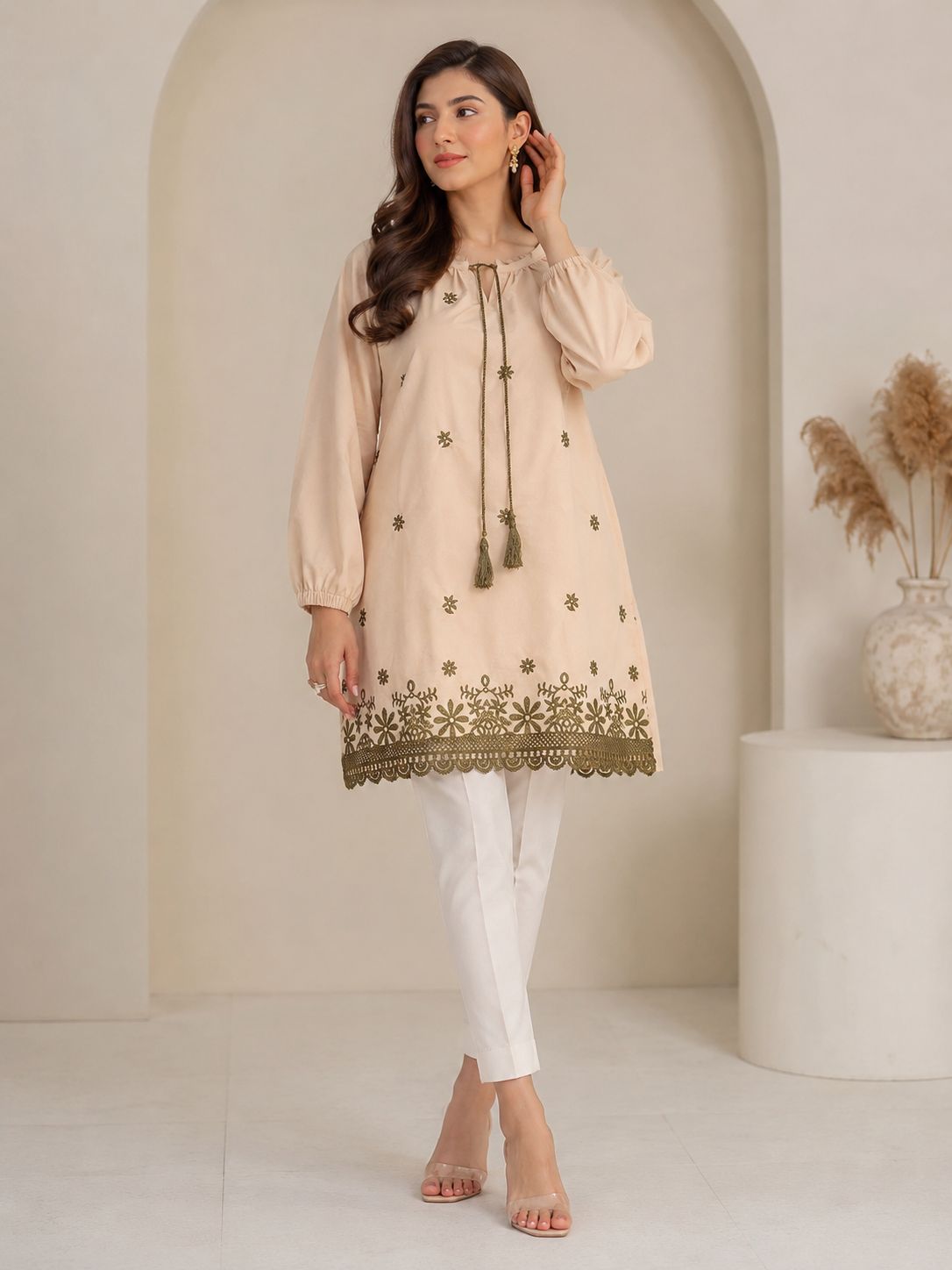 Olive Bloom Embroidered Seersucker Top