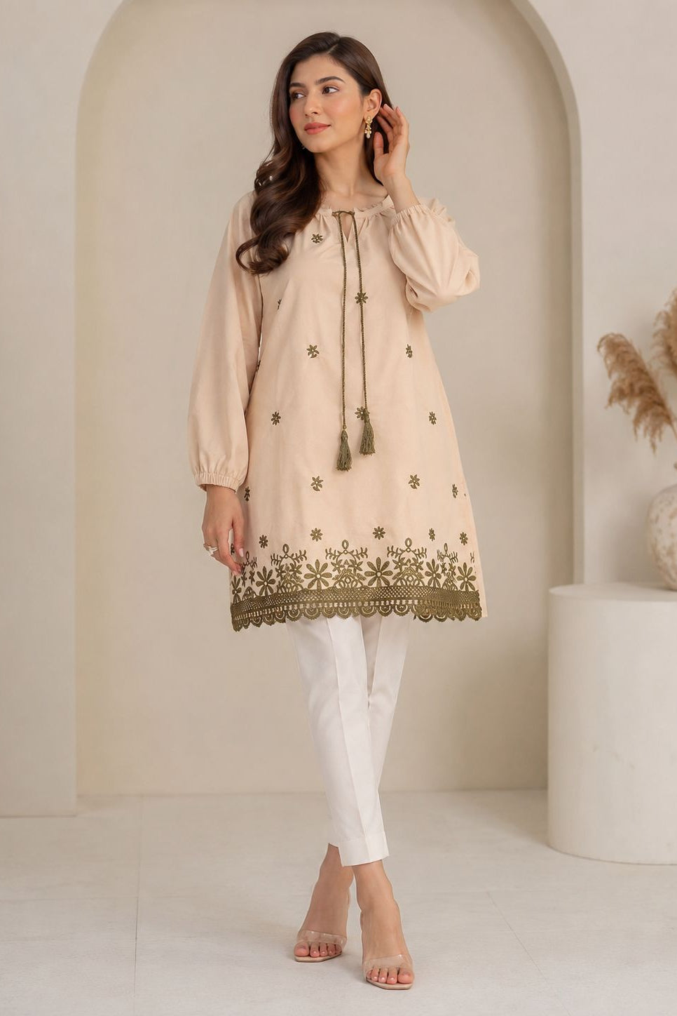 Olive Bloom Embroidered Seersucker Top