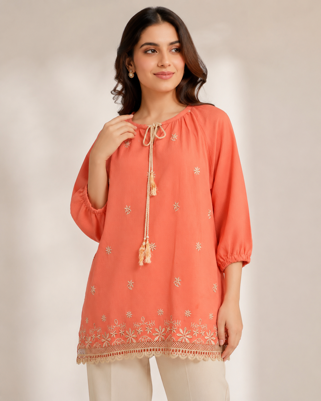 Orange Bloom Embroidered Seersucker Top