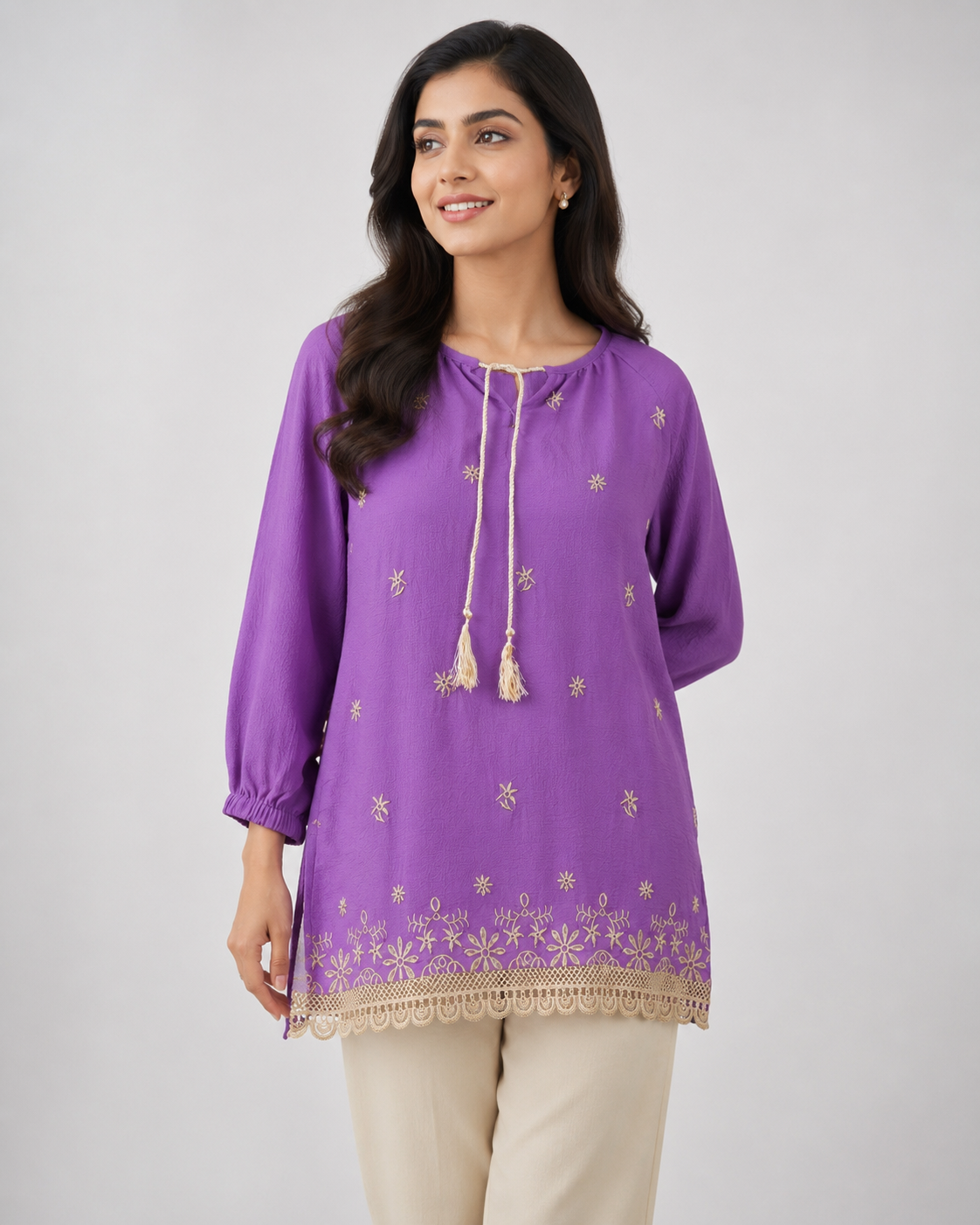 Purple Bloom Embroidered Seersucker Top