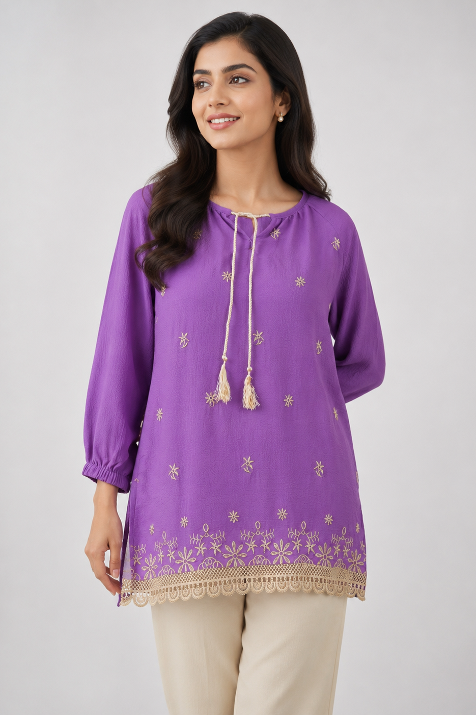 Purple Bloom Embroidered Seersucker Top