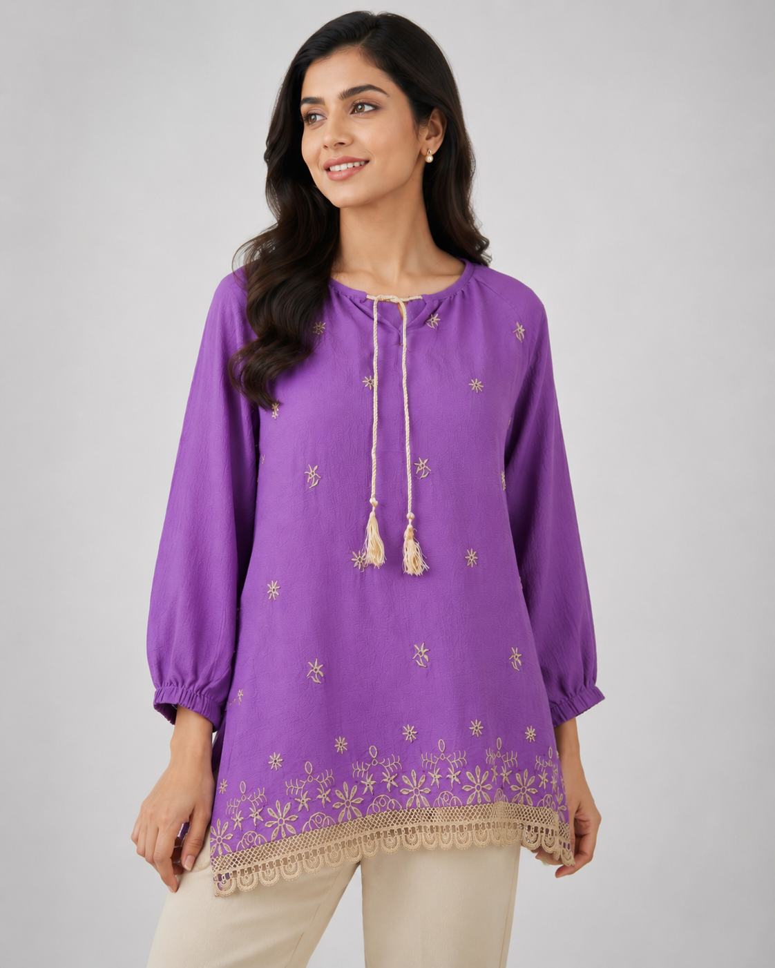Purple Bloom Embroidered Seersucker Top